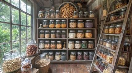 Rustic Pantry Filled with Dried Goods by Window