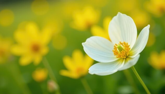White corolla and yellow stamens in a field with other wildflowers, yellow, field - Powered by Adobe