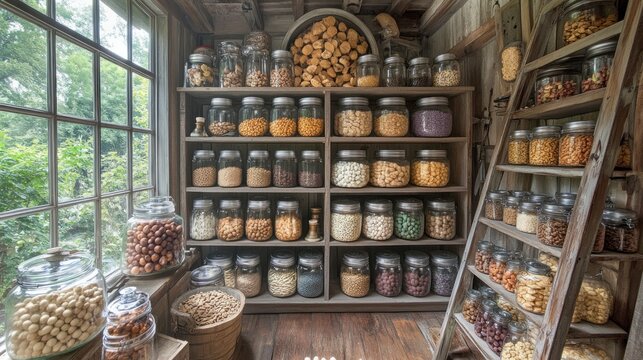 Rustic Pantry Filled with Dried Goods by Window