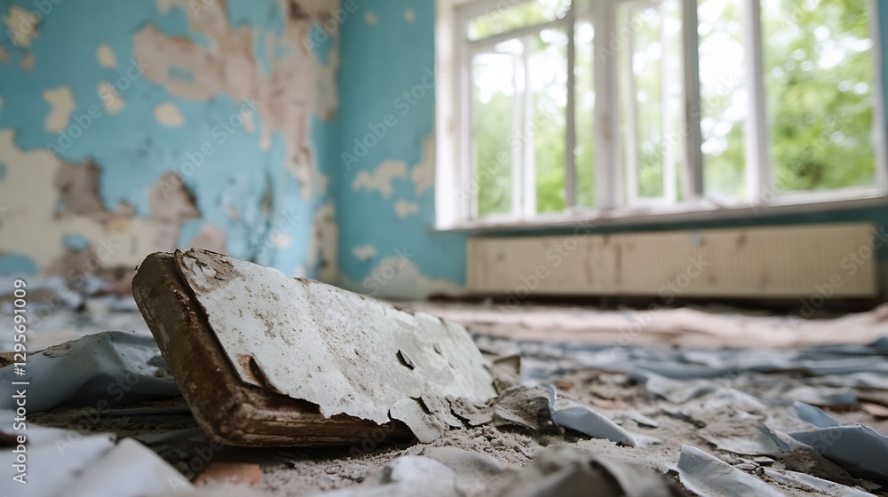 Poster abandoned room with peeling paint and debris creating a haunting atmosphere of neglect and decay : g