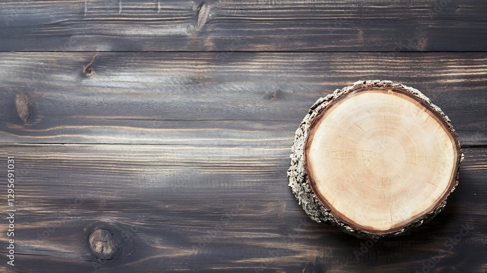Aufkleber CloseUp View of a CrossSection of a Tree Log on a Rustic Wooden Background : Generative AI