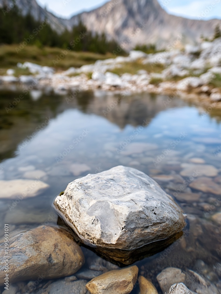 Poster smooth stone nestled in a serene mountain stream reflecting the surrounding nature : generative ai