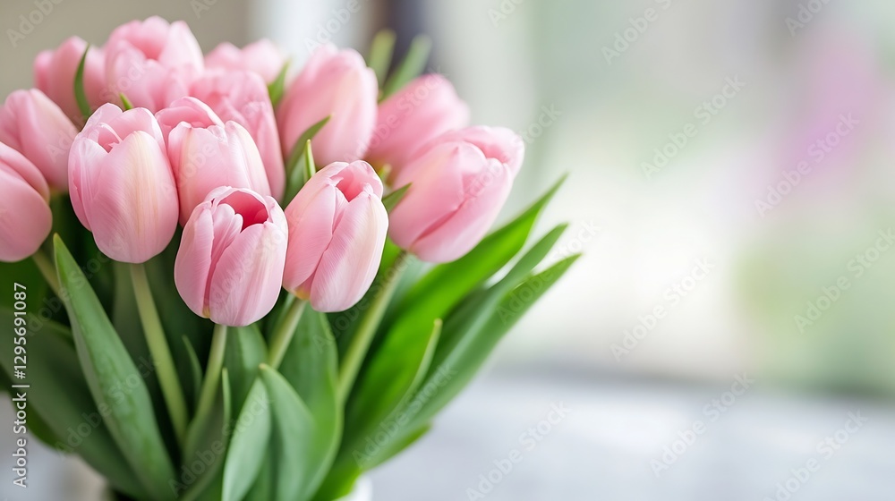 Aufkleber Fresh Pink Tulips in a Serene Setting with a Soft Background and Natural Light : Generative AI