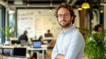 Obraz premium Confident young man standing in modern office workspace with plants and people working in background, promoting creativity and collaboration