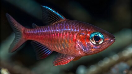 Fototapeta premium Vibrant Reef Fish: A close-up shot showcases a stunning reef fish with iridescent scales and captivating blue eyes, swimming gracefully in a vibrant coral reef environment.
