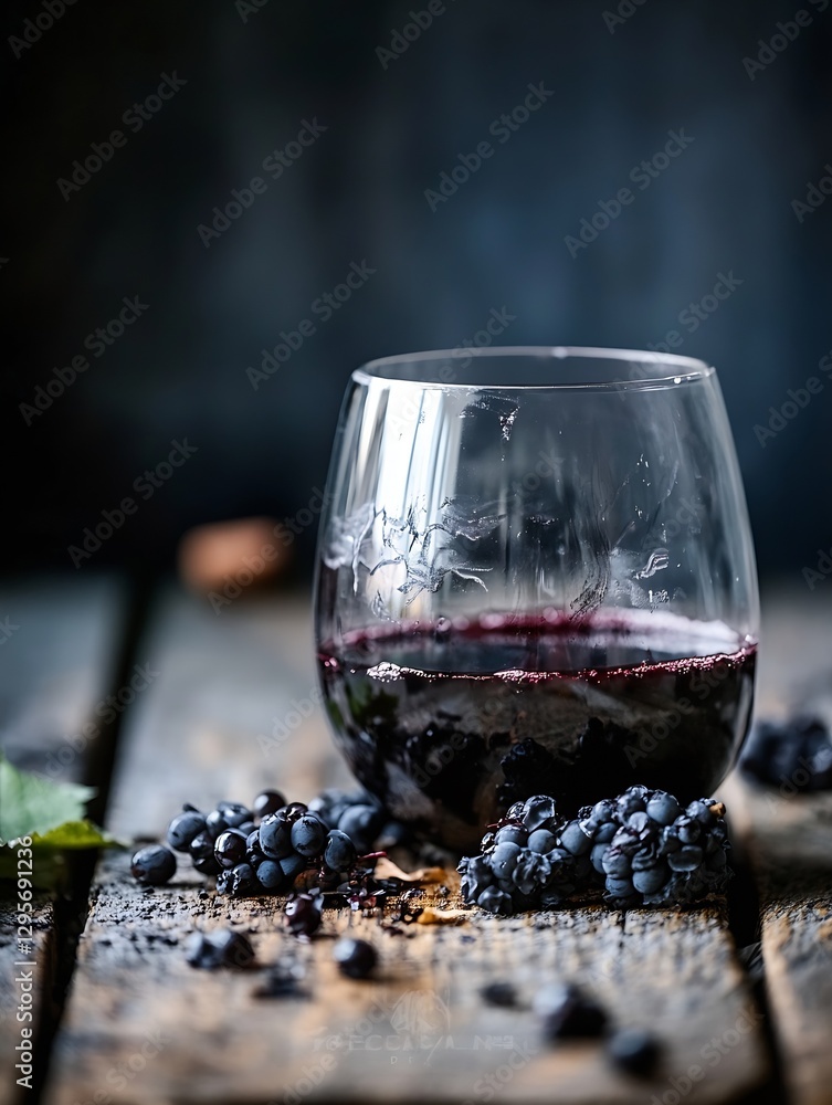 Poster a close up view of a glass filled with rich red wine surrounded by fresh black grapes on rustic wood
