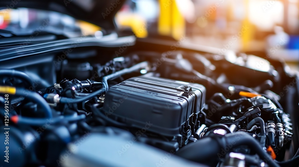 Poster detailed close up of a modern car engine with intricate parts in a garage setting : generative ai