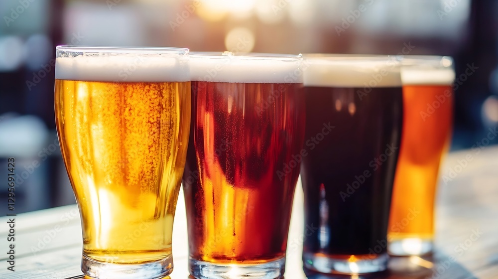 Poster variety of beer glasses displayed in evening light with refreshing tones : generative ai