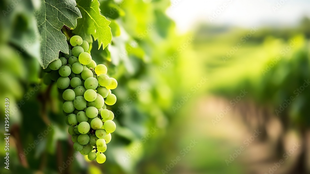 Poster cluster of fresh green grapes hanging from a vine surrounded by lush vineyard scenery : generative a