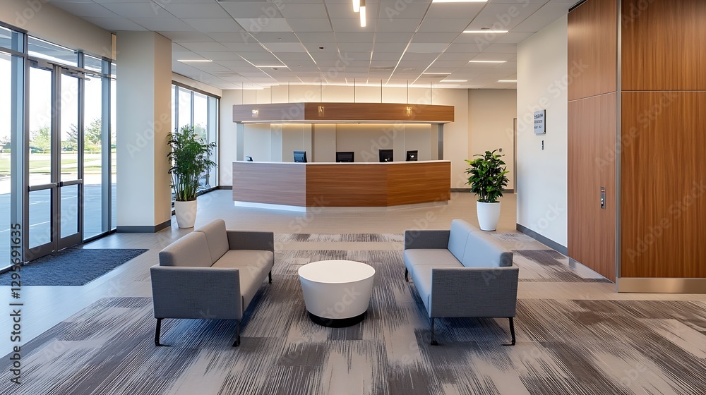 Poster modern welcoming reception area featuring stylish seating and office design emphasizing professional