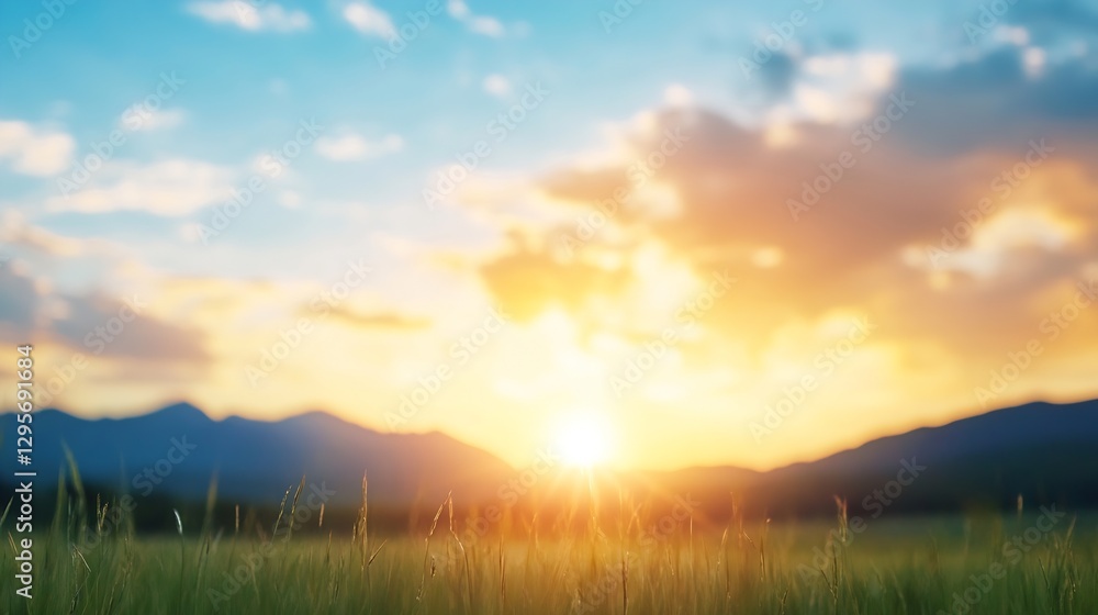 Poster golden hour at sunset with soft focus on grassy field and majestic mountain range in the background 