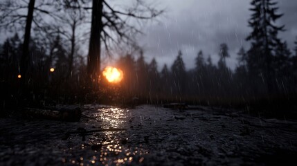 Rainy forest landscape at sunset capturing the essence of nature's beauty and tranquility : Generative AI