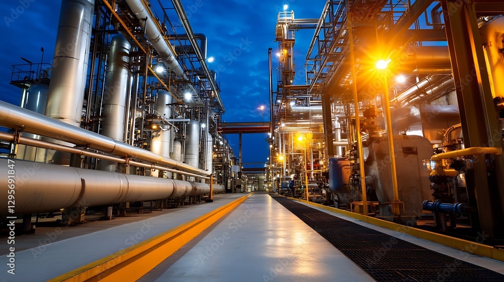 Aufkleber industrial plant at night showcasing complex machinery and illuminated pipes adding to the atmospher
