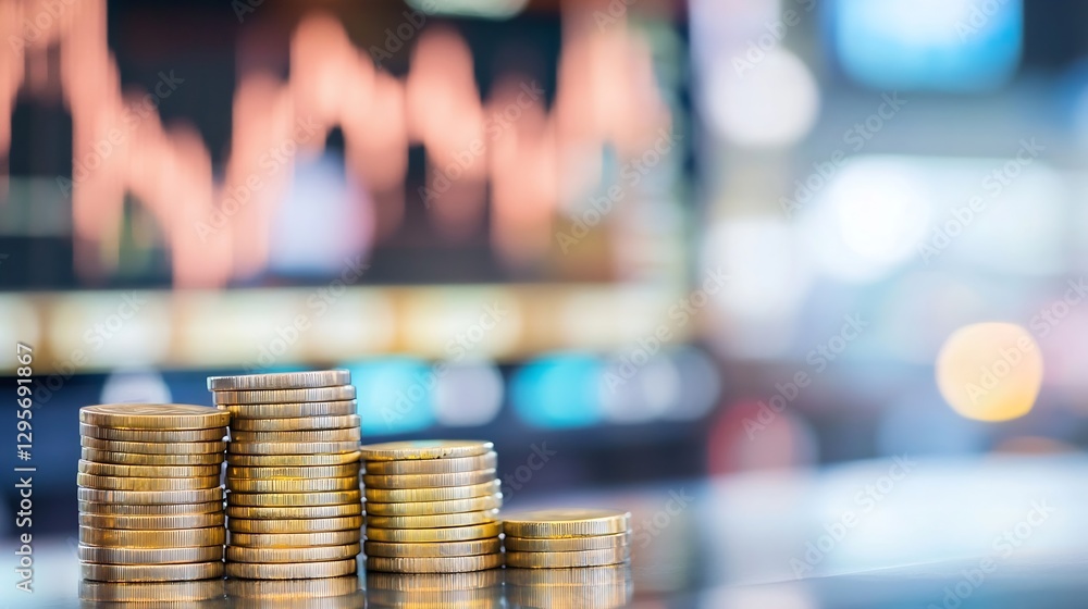 Poster Stack of shiny gold coins with blurred financial graph background representing wealth and investment : Generative AI