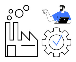Fototapeta premium Factory emitting bubbles, engineer with laptop pointing, gear with checkmark symbolizing quality assurance. Ideal for manufacturing, technology, quality control, efficiency, industrial growth