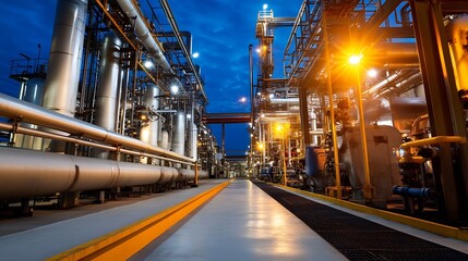 Industrial plant at night showcasing complex machinery and illuminated pipes adding to the atmosphere : Generative AI