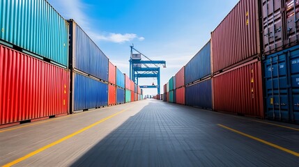 Fototapeta premium Colorful Shipping Containers Stacked at a Busy Port Under Clear Sky : Generative AI