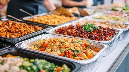 Catering food in trays. Variety of dishes for a buffet. Concept of catering, food service, and event planning.