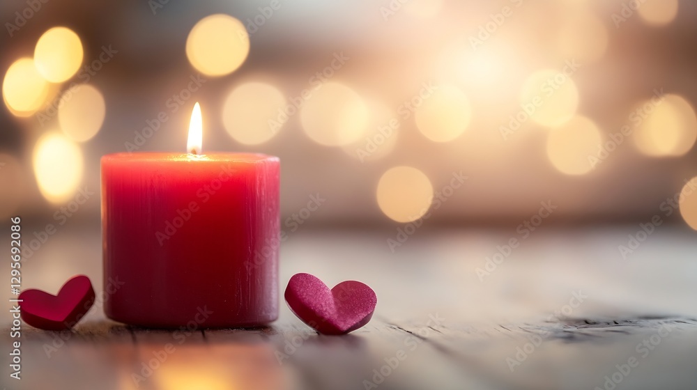 Poster A single red candle illuminated against a blurred background of warm lights creating a romantic ambiance : Generative AI