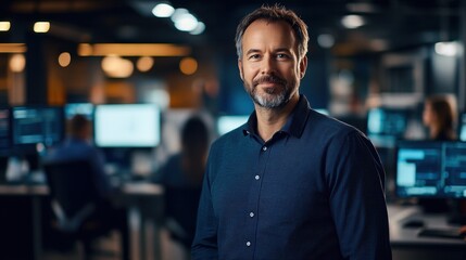 Fototapeta premium Professional man with beard standing in modern office environment, smiling confidently at camera, surrounded by colleagues at desks, technology background