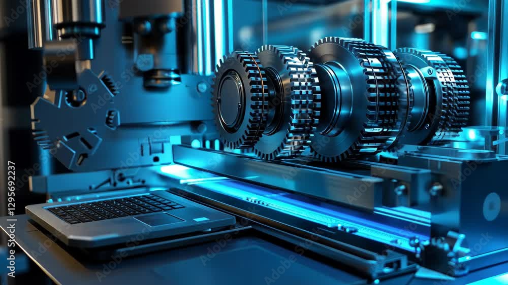 Poster hightech factory showcases laptop controlled machinery in a modern automation environment, hightech 