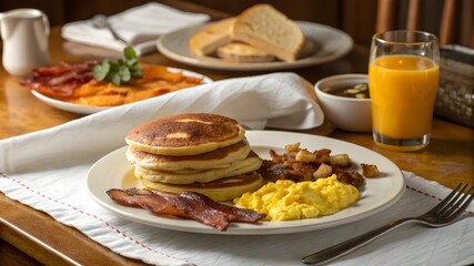 A delicious breakfast plate featuring fluffy pancakes, crispy bacon, sunny-side-up eggs, and a glass of fresh orange juice