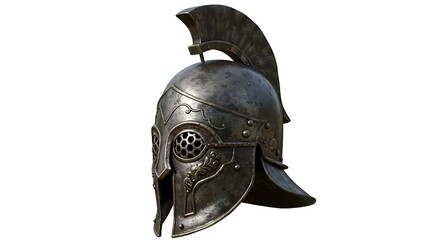 Isolated Antique Metal Helmet Featuring Crest and Ornate Details