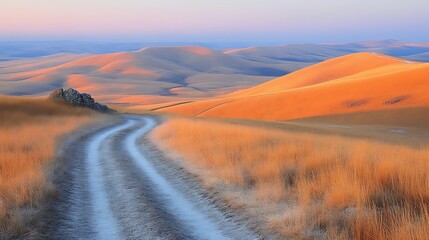 Fototapeta premium Tranquil Dirt Road Through Golden Wheat Fields and Rolling Hills