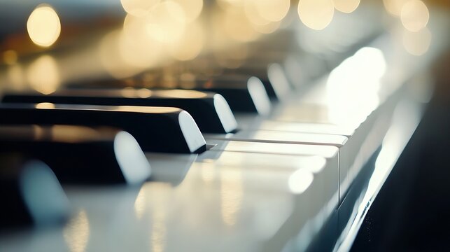 Close up view of gleaming piano keys adorned with sparkle highlights creating a harmonious musical ambiance : Generative AI