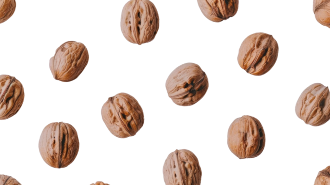 Walnuts floating on transparent background: seamless pattern for healthy food designs