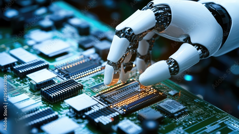 Poster close-up of an android mechanical hand assembling microchips in a robotic production facility.