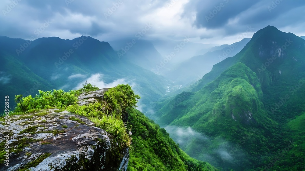 Poster stunning panoramic view of lush green mountains with mist and clouds in a serene landscape : generat