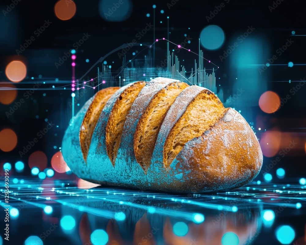 Aufkleber fresh bread on digital background with data elements