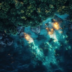 Obraz premium Aerial View of Lush Green Forest Surrounding Sparkling Blue Ocean