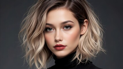 Beauty model girl with short soft wavy hair . curly hairstyle dye .Fashion, cosmetics and makeup