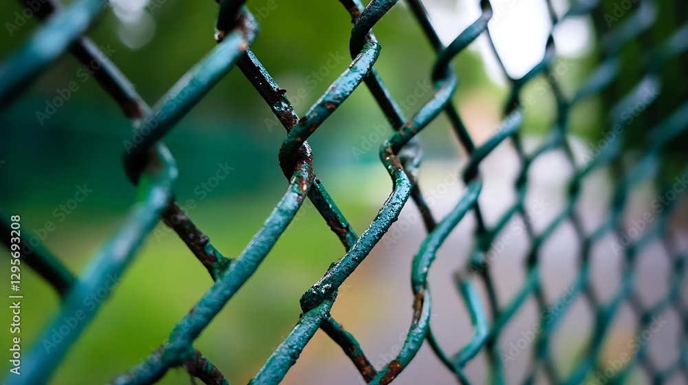 Poster close up of a weathered green chain link fence in a park environment highlighting corrosion and text