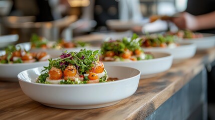 Close up of a row of salads with tomatoes and greens in white bowls on a wooden counter. Concept of healthy eating, restaurant, and catering.