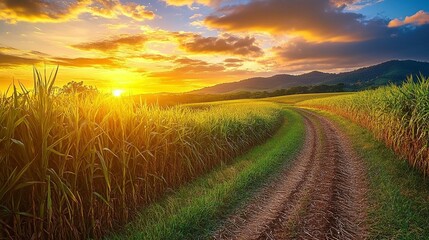 Vibrant sunset over a winding dirt road through a lush green cornfield and rolling hills.