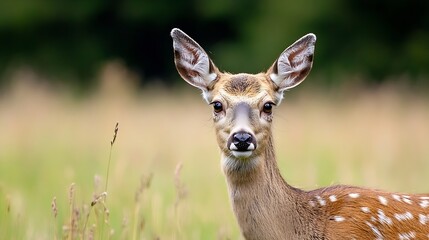 Fototapeta premium Closeup of a curious deer standing gracefully amidst a lush green field : Generative AI
