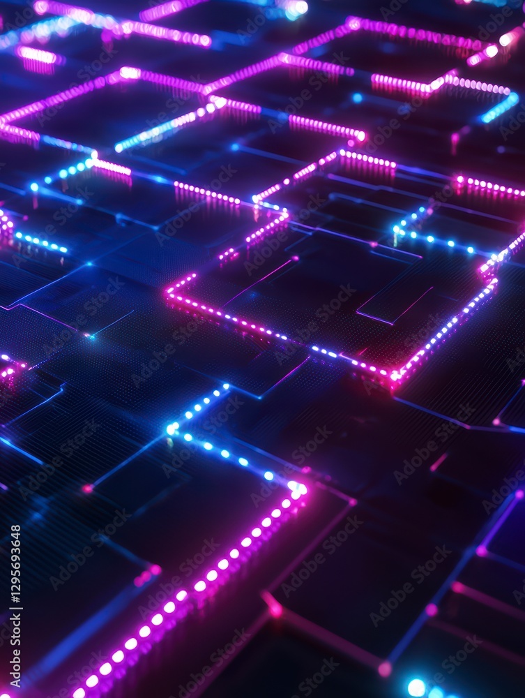 Poster neon circuitry: a mesmerizing display of glowing lines and vibrant colors creates an intricate netwo
