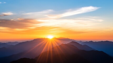 Obraz premium Stunning Sunrise Over Mountain Peaks Creating a Dramatic Sky Filled with Colorful Clouds and Rays of Light : Generative AI
