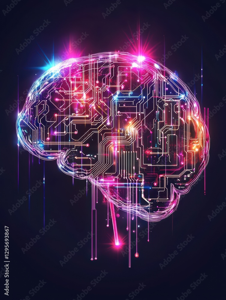 Poster brain of innovation: an illuminated digital depiction of the brain, symbolizing the intersection of 