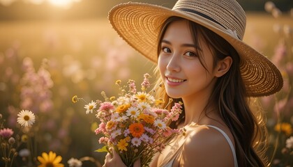 A close-up portrait shot of a woman standing gently holding a bouquet of wildflowers