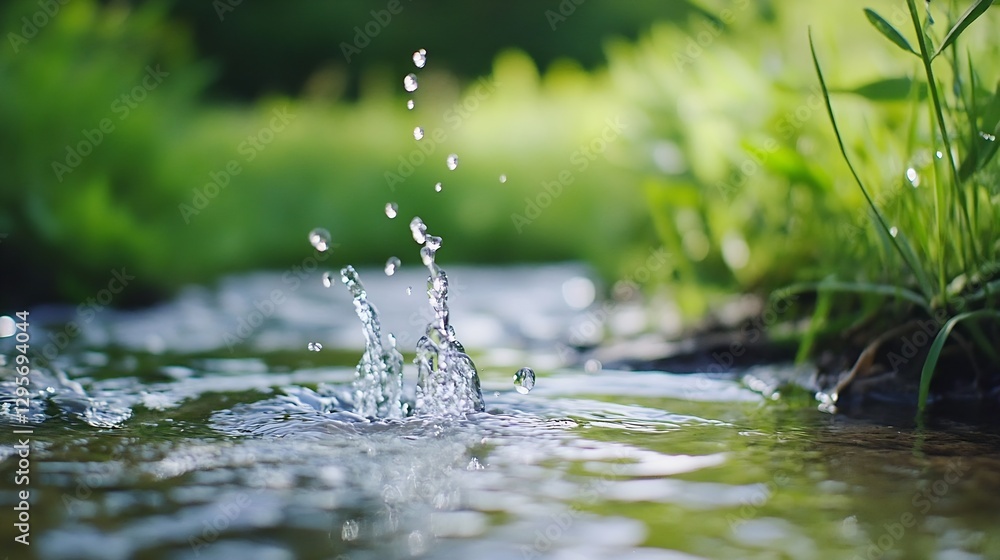 Aufkleber beautiful close up of water splashes on a tranquil stream surrounded by lush green grass : generativ