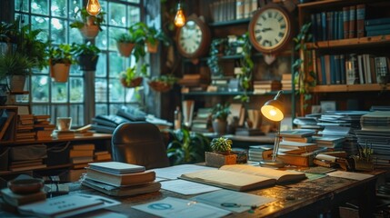 Cozy, cluttered study filled with books, plants, and vintage decor.