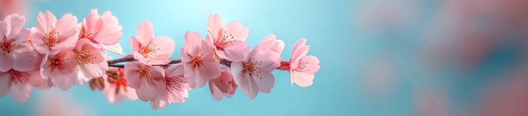 Fototapeta premium Soft pink cherry blossoms sway gently against a pastel gradient sky, ideal for spring-themed events, weddings, and greeting cards with ample text space.