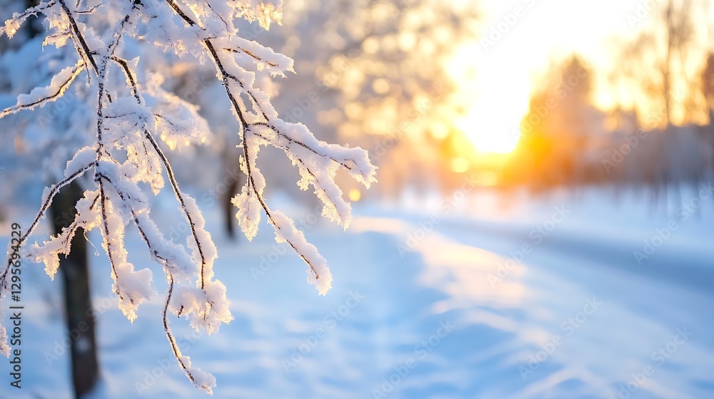Poster frozen tree branches covered in snow with a soft sunset in the background : generative ai