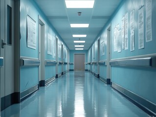 Obraz premium Brightly lit hospital corridor with white walls and framed medical posters