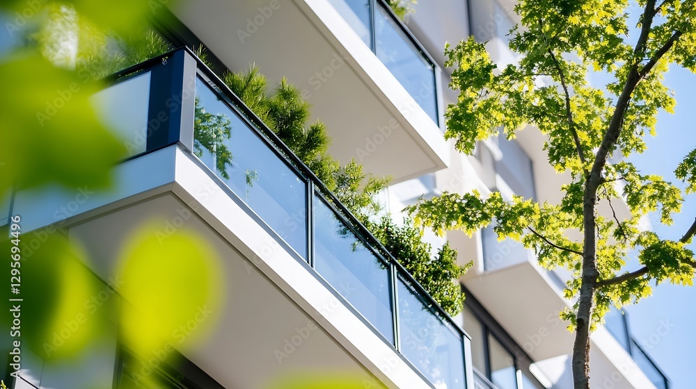 Aufkleber modern residential building with balconies and greenery in daylight showcasing contemporary architec