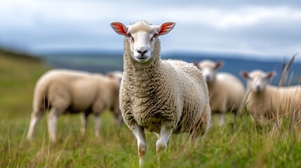 Close Up Of A Curious Sheep In A Green Field With Other Sheep In The Background : Generative AI